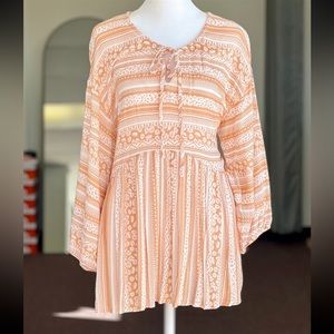 Striped Floral 3/4 Sleeve Peplum Top With Front Tie